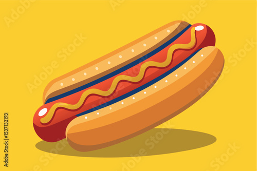 Delightful hot dog with mustard and ketchup on a vibrant yellow background