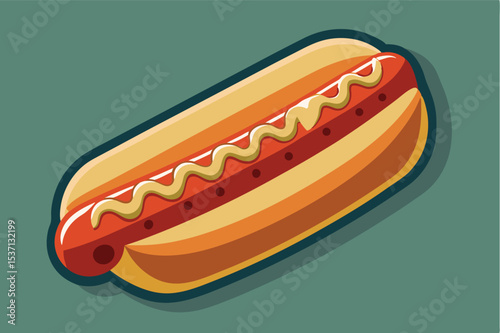 Colorful hot dog with mustard and ketchup displayed on a simple background