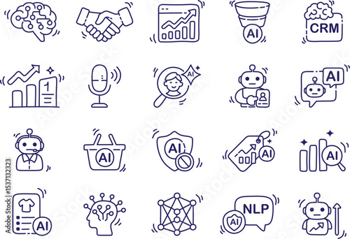 Innovative AI icons representing technology, business and communication concepts.