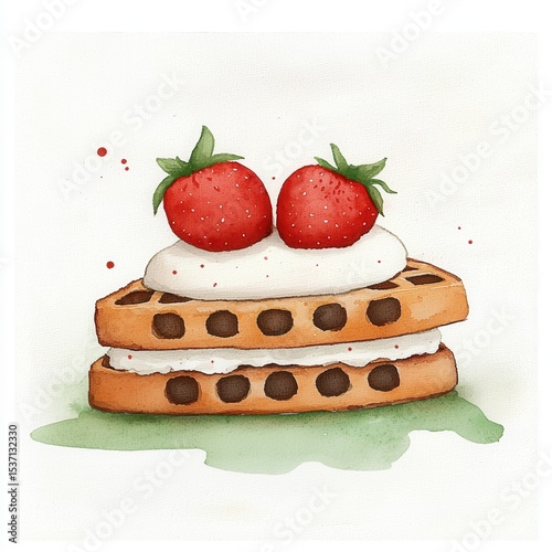 Watercolor Double Stacked Waffles with Strawberries and Cream