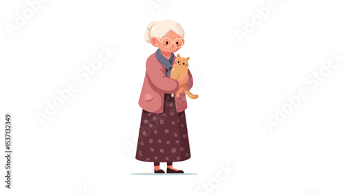 A digital illustration depicting an elderly woman with short, light gray hair, wearing a mauve cardigan and a maroon patterned skirt, gently holding an orange cat in her arms. The style is