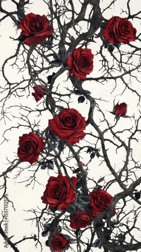 Dark rose vines with red blossoms on white