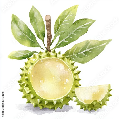Watercolor Durian Fruit Painting with Green Leaves