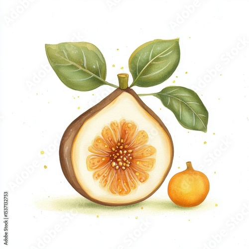 Watercolor Fig Illustration Halved Fig with Intricate Detail and Small Whole Fig on White Background