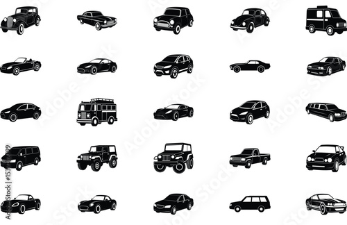 Car Collection Silhouette Vector Set (Front Side View) – Diverse Vehicle Designs Including Sedan, SUV, Coupe, Hatchback, Convertible, and Sports Cars in Angled Automotive Perspectives

