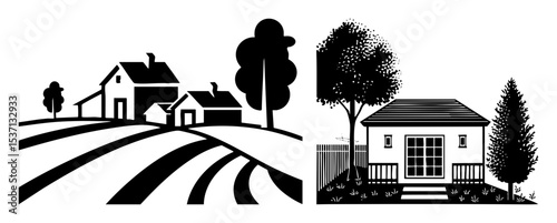 Vector Rural landscape with houses and fields .