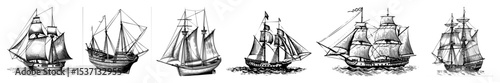 Vector Detailed illustrations of historic sailing ships showcase maritime heritage.