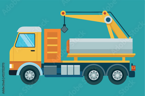 Construction truck with crane engaged in lifting operation