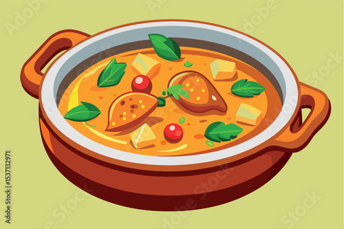 Delicious vegetarian curry with dumplings and herbs served in a clay pot on a light background