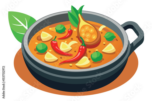 Colorful curry dish with vegetables and spices in a pot