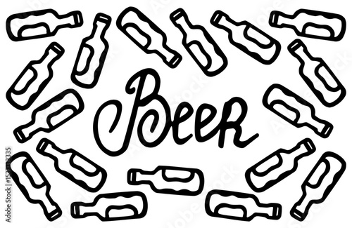 
Horizontal black and white banner with the image of many beer bottles and the caption in the center on a white isolated background