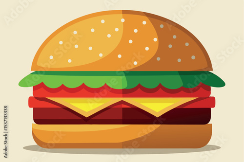 Colorful burger with toppings and sesame bun artfully displayed in a minimalist style
