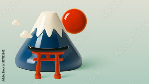 Minimal 3D Illustration of Mount Fuji with Torii Gate, Red Sun, and Floating Clouds in Japan Style