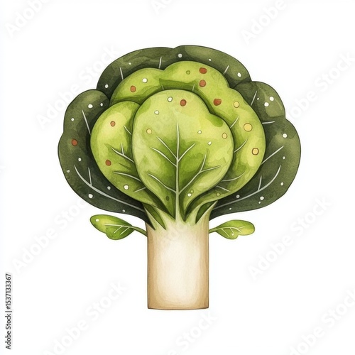 Watercolor Green Vegetable with White Stem on White Background