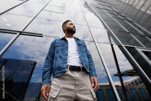 Wallpaper Mural Young african american man in denim jacket standing near building with glass wall Torontodigital.ca