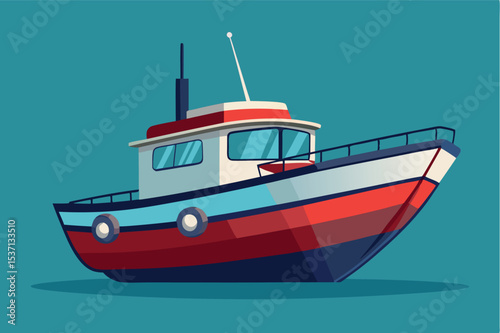 Colorful fishing boat floating on a calm sea against a vibrant background