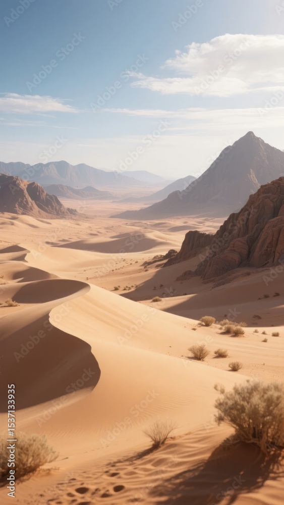 Naklejka premium Sandy Dunes and Rocky Mountains in a Desert Landscape