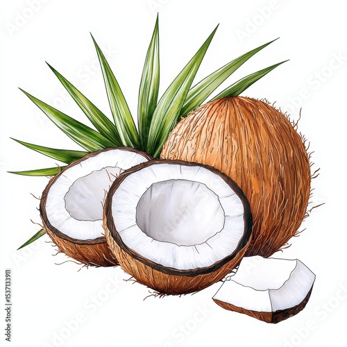Watercolor Coconut Illustration with Palm Leaf