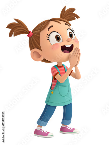 A 3D animated girl with pigtails clapping her hands in excitement., isolated on a transparent background