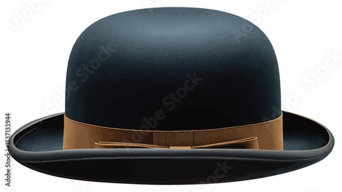 A studio shot of a dark blue bowler hat with a tan-colored ribbon band around the base of the crown. The hat is presented against a plain white background, showcasing the hat��s smooth texture and
