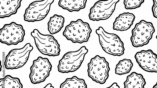 Monochrome Food Pattern of Hand-Drawn Chicken Nuggets on White Background