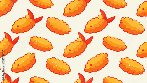 Cartoon Tempura Shrimp Seamless Pattern, Japanese Cuisine Inspired Design