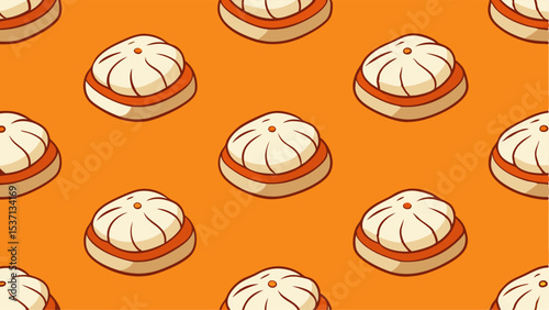 Seamless Pattern of Cartoon Steamed Buns on Orange Background for Culinary Designs