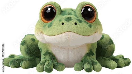 Close-up shot of a plush green frog toy. The frog is predominantly green with darker green spots.  It has unusually large, expressive brown eyes with orange highlights. The plush material appears