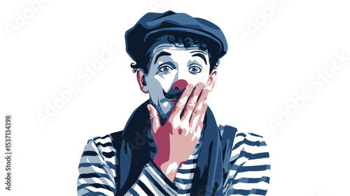 A stylized vector illustration or graphic depiction of a male mime artist's portrait. The image features a close-up view of the mime's face and upper body, showcasing a surprised or shocked