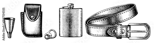 Vector Vintage travel essentials featuring a flask toiletries and belt.