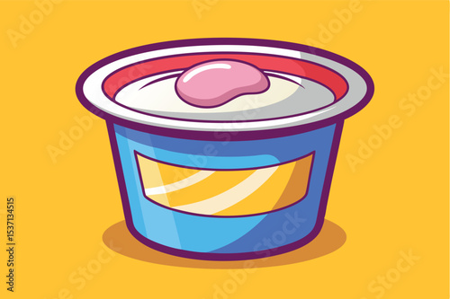 Colorful container of yogurt with a pink topping on a bright background