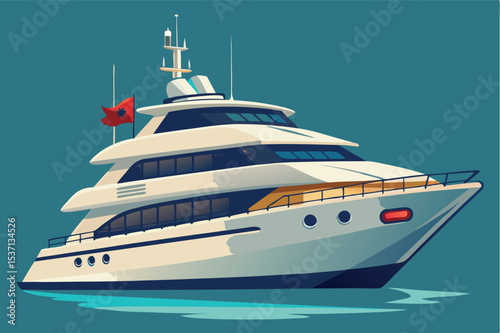Luxury yacht sailing in calm waters under clear skies with flag waving