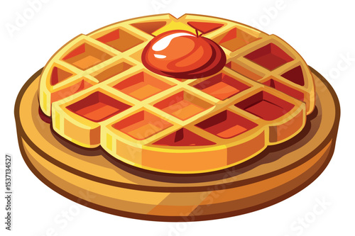 Delicious waffle topped with syrup, served on a wooden plate
