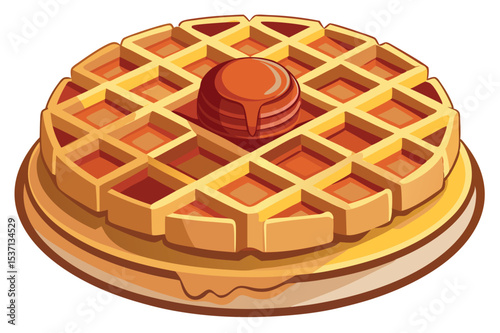 Delicious waffle topped with syrup and butter on a wooden plate
