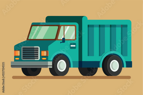 Colorful garbage truck parked on a smooth surface under bright daylight