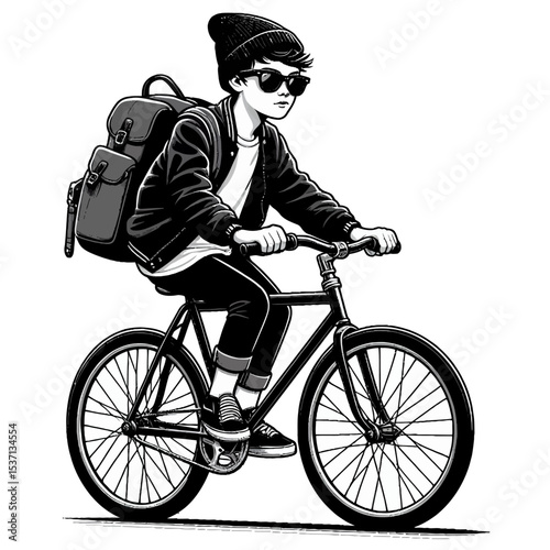  boy with black sunglasses rides a fixie bike