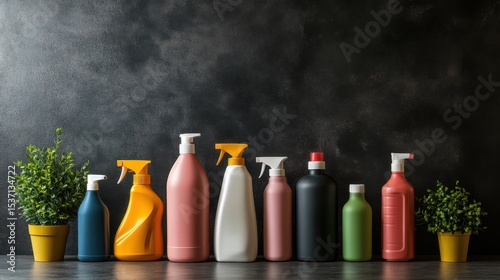 Colorful cleaning product line with green plants