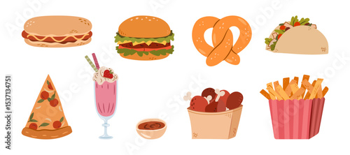 Sandwiches and fast food, snacks from diners, kiosks and restaurants. Vector milkshake and pretzel, pizza and french fries, burger and hot dog, taco with meat and veggies, sauce and chicken legs