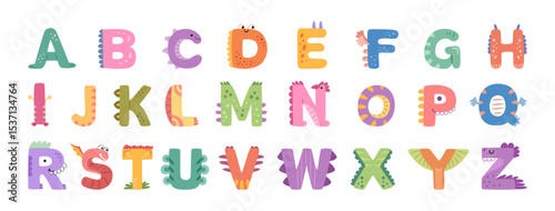 English alphabet, dinosaur fonts for children. Vector in flat style, isolated cute and funny dino features for learning and education. ABC typeset for childish typography and kids design