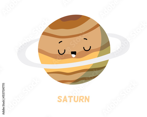 Saturn character with cute face. Vector in flat style, isolated personage of solar system. Learning universe and cosmos, exploration of celestial bodies. Kawaii sticker or emoticon for kids