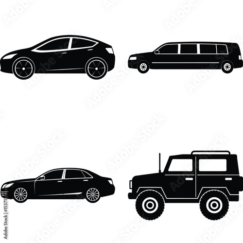 Racing & Sports Car Silhouette Vector Set – High-Performance Supercars and Speed Machines with Aerodynamic Designs for Motorsport, Track, and Street Racing Concepts
