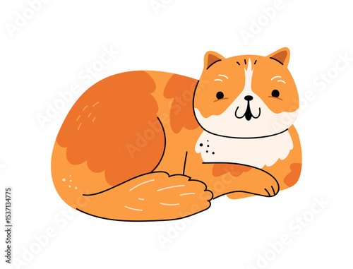 Resting cute ginger cat laying on floor. Vector in flat style, isolated happy pet character with furry coat and calm facial expression. Feline animal, happy personage, people friend and companion
