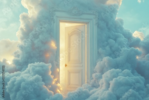 Surreal dream door opening in fluffy clouds