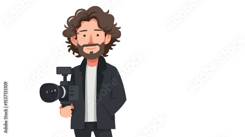 The image is a digital illustration of a cartoon cameraman. He has brown curly hair, a beard, and is wearing a black jacket. He is holding a professional video camera. The style is clean and