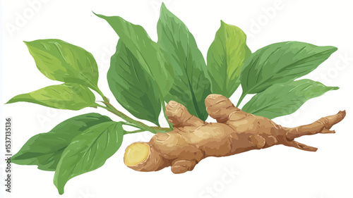 A detailed botanical illustration depicts a ginger root and its leaves. The illustration showcases a section of a ginger rhizome, exhibiting its characteristic knobbly texture and light brown