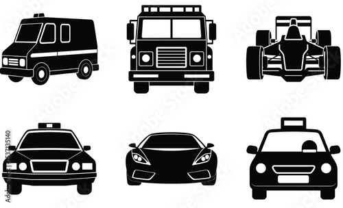 Service & Utility Vehicle Silhouette Vector Set – Work Vehicles Including Ambulance, Fire Truck, Police Car, Tow Truck, Garbage Truck, and Maintenance Vans for Functional Design Themes