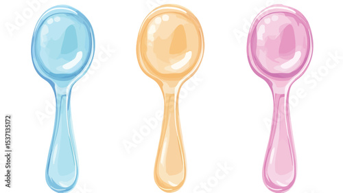 Digital illustration of three spoons in pastel colors.  The spoons are depicted against a pure white background.  Each spoon is a different pastel shade: light blue, light yellow