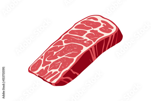 A single, raw beef steak, richly marbled, shown in isometric view against a white background.