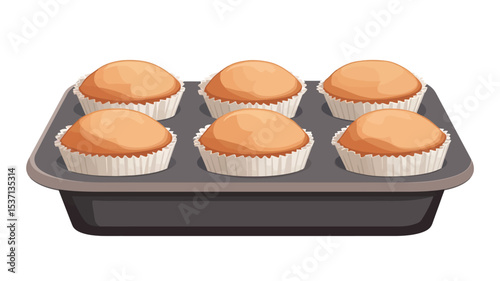 A digital illustration depicts six baked muffins arranged in a dark gray rectangular baking tray.  The muffins are light golden-brown, evenly baked, and nestled in white paper liners.