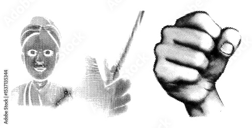 Vector Pointing woman and clenched fist in halftone style.